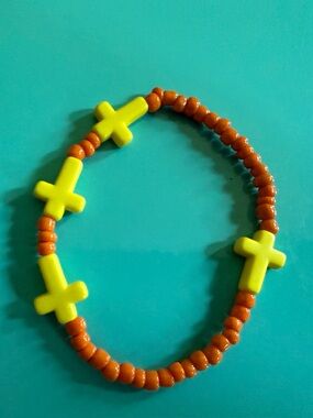 Handmade by Josie B’s Yellow Cross Orange Beaded Bracelet new
